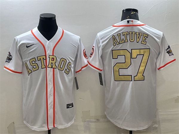 Men's Houston Astros #27 Jose Altuve White Gold 2022 World Series Stitched Baseball Jersey